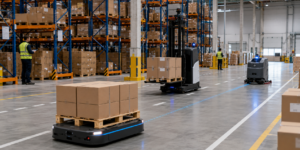 Robots mobiles AMR circulant dans un entrepôt logistique