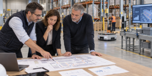 Équipe analysant les flux d’un entrepôt avant le lancement d’un appel d’offres logistique
