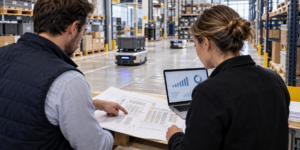 Deux professionnels analysent un plan d’entrepôt et des données économiques devant des robots mobiles.