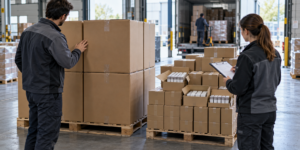 Deux professionnels comparent de grands cartons et de petits conditionnements fournisseurs sur des palettes à la réception d’un entrepôt.