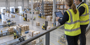 Consultants analysant la performance globale des opérations depuis une mezzanine d’entrepôt.