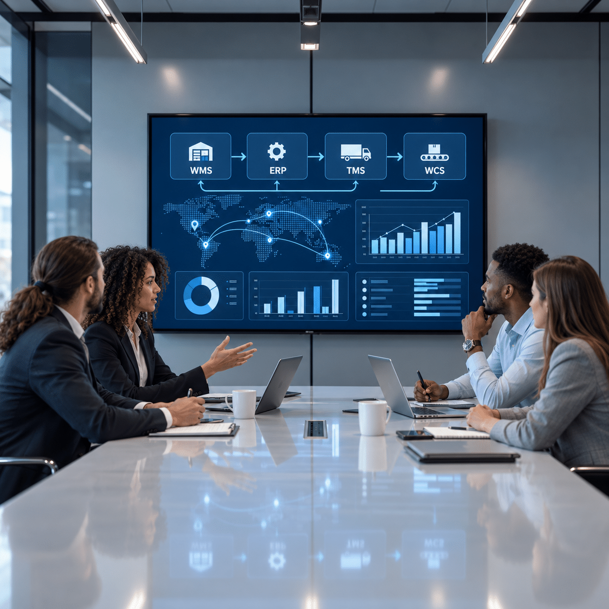 Équipe en réunion devant un écran de pilotage des systèmes d’information Supply Chain WMS, ERP, TMS et WCS